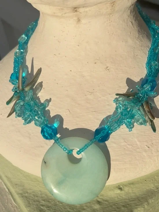 Vintage Larimar Stone Glass Shell Blue Beaded Statement Necklace & Earrings Set - Picture 8 of 8